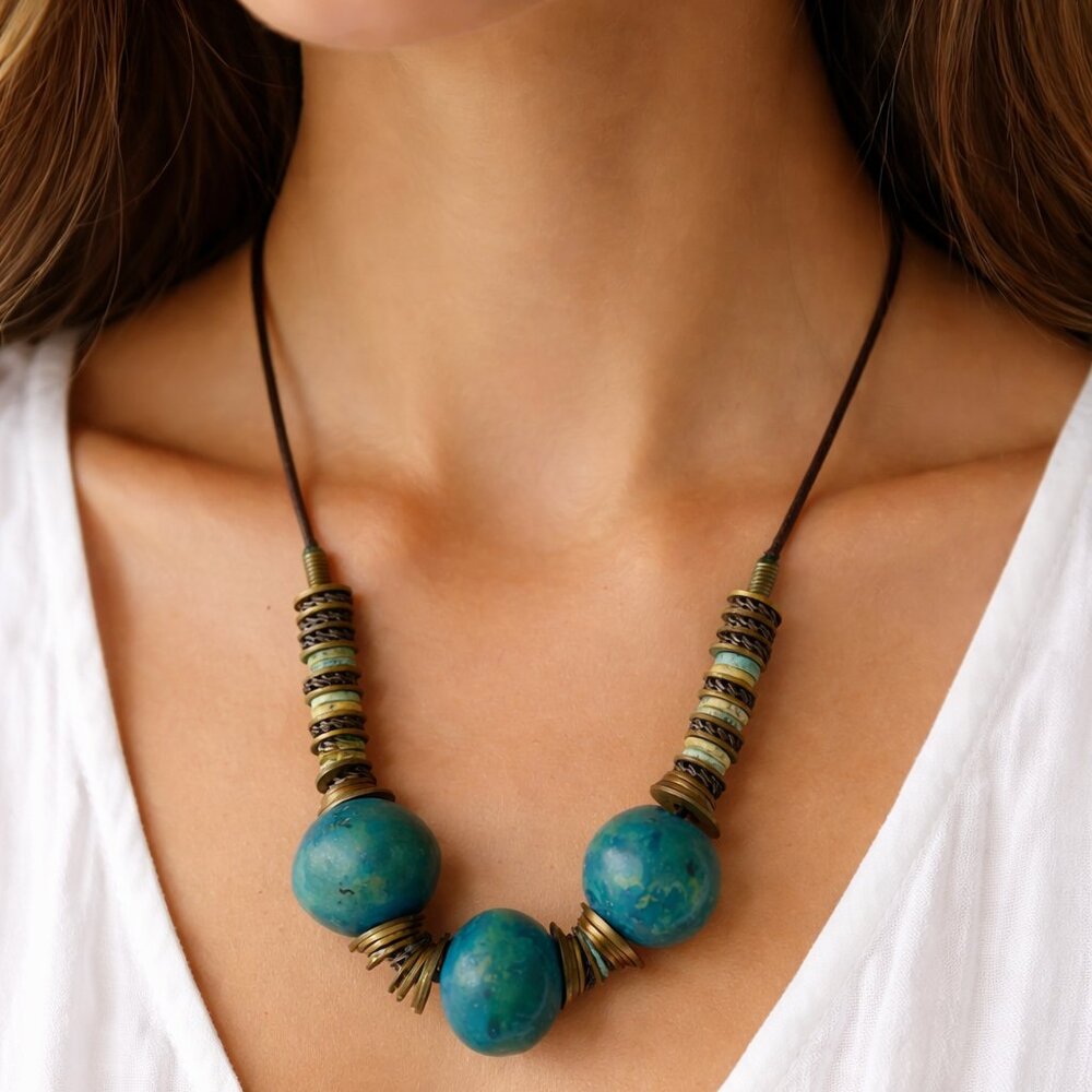 Bohemian 9" necklace with turquoise color beads - costume jewelry
